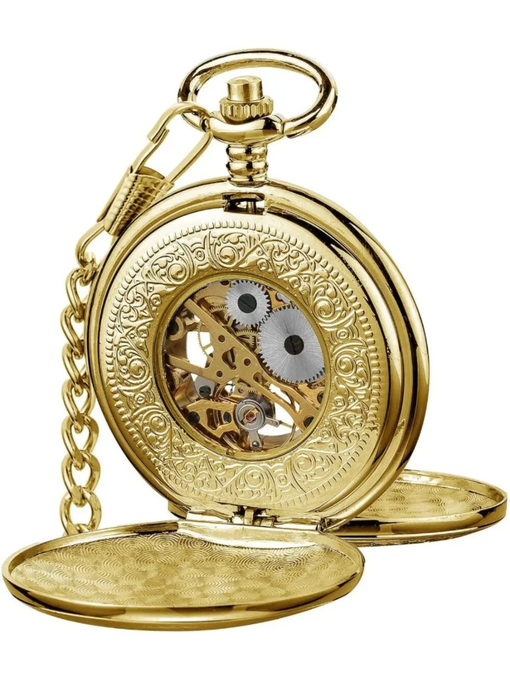 Vintage Mechanical Pocket Watch for Men, Hand-Wind Skeleton Design with Chain
